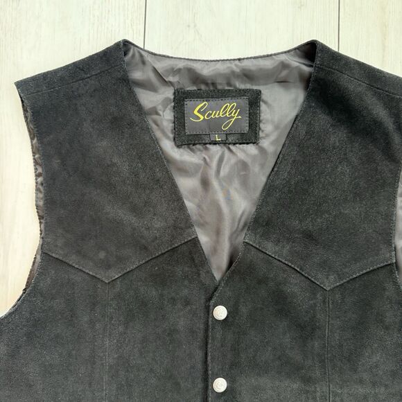 Scully Vest Mens Large Black Leather Suede Snap Lined Western Wear Cowboy Biker - Picture 2 of 11